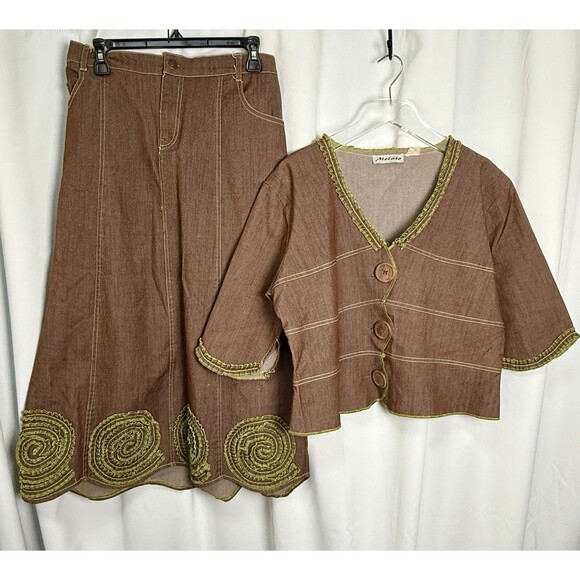 Vintage Molato 2 Piece Brown Denim Green Ruffled Jacket & Skirt Set Sz M - Picture 1 of 9